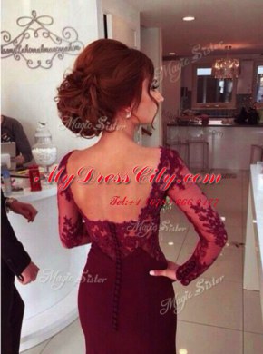 Sophisticated Burgundy Long Sleeves Court Train Lace and Appliques With Train Prom Evening Gown