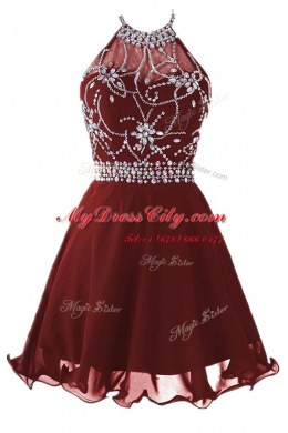 Sleeveless Knee Length Beading Backless Homecoming Dress with Burgundy