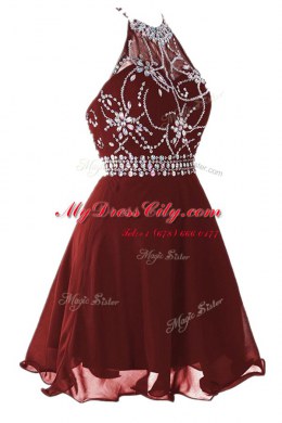 Sleeveless Knee Length Beading Backless Homecoming Dress with Burgundy