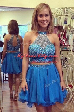 Halter Top Organza Sleeveless Knee Length Evening Dress and Beading