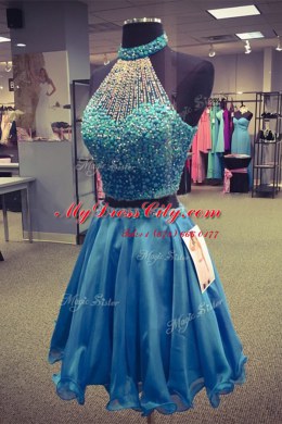 Halter Top Organza Sleeveless Knee Length Evening Dress and Beading
