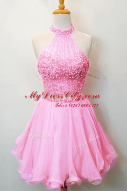 Halter Top Organza Sleeveless Knee Length Evening Dress and Beading