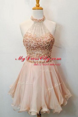 Halter Top Organza Sleeveless Knee Length Evening Dress and Beading