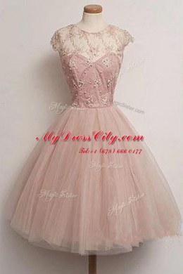 Knee Length Pink Homecoming Dress Scoop Cap Sleeves Zipper