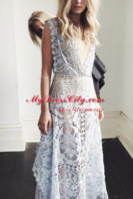 Scoop Floor Length White Dress for Prom Lace Sleeveless Lace