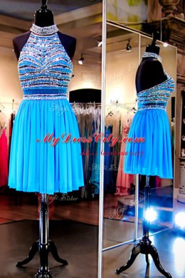 Tulle Halter Top Sleeveless Backless Beading in Baby Blue