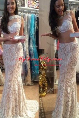 White Mermaid Scoop Sleeveless Lace With Brush Train Zipper Beading Prom Party Dress