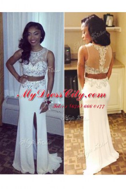 Great Chiffon Scoop Sleeveless Sweep Train Zipper Beading and Appliques in White