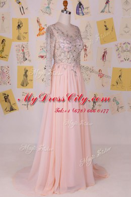 Scoop Long Sleeves Chiffon Prom Party Dress Beading Brush Train Zipper