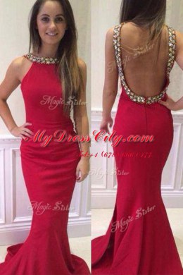 Flare Mermaid Scoop Sleeveless Brush Train Backless With Train Beading Evening Dress