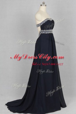 Stylish Black Column/Sheath Sweetheart Sleeveless Elastic Woven Satin With Brush Train Criss Cross Beading Prom Party Dress