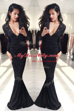 Mermaid Floor Length Black Prom Party Dress Lace Long Sleeves Lace