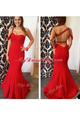 Spectacular Mermaid One Shoulder Sleeveless Criss Cross Floor Length Beading Homecoming Dress