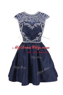 Super Scoop Cap Sleeves Prom Party Dress Knee Length Beading Navy Blue Satin