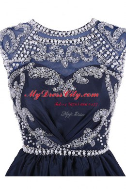 Super Scoop Cap Sleeves Prom Party Dress Knee Length Beading Navy Blue Satin