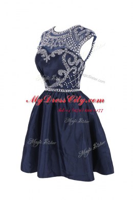 Super Scoop Cap Sleeves Prom Party Dress Knee Length Beading Navy Blue Satin