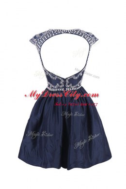 Super Scoop Cap Sleeves Prom Party Dress Knee Length Beading Navy Blue Satin