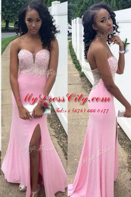 Most Popular Rose Pink Mermaid Beading Prom Dress Backless Chiffon Sleeveless Floor Length