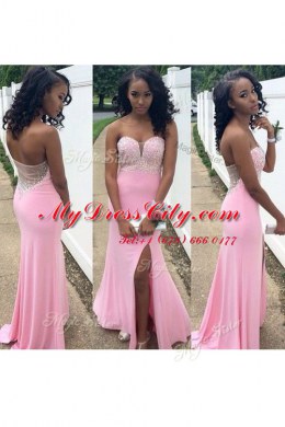 Most Popular Rose Pink Mermaid Beading Prom Dress Backless Chiffon Sleeveless Floor Length