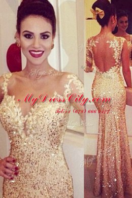 Customized Mermaid Long Sleeves Lace and Appliques and Sequins Backless Prom Gown