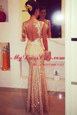 Customized Mermaid Long Sleeves Lace and Appliques and Sequins Backless Prom Gown