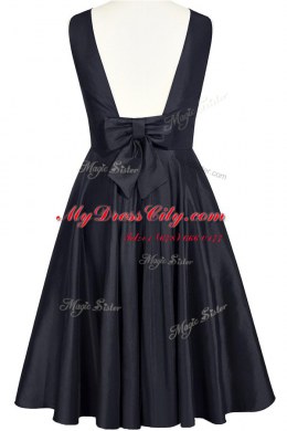 Scoop Sleeveless Prom Dress Knee Length Bowknot Navy Blue Taffeta