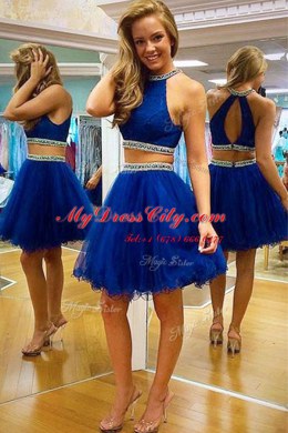 Superior Halter Top Sleeveless Tulle Prom Dresses Beading Zipper