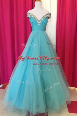 Fine Off the Shoulder Floor Length Backless Prom Party Dress Blue for Prom with Beading