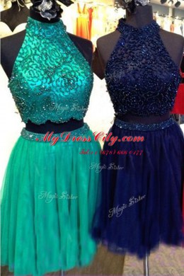 Attractive Turquoise Sleeveless Beading Knee Length Homecoming Dress