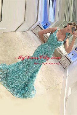 Mermaid Turquoise Zipper Evening Dress Appliques Sleeveless With Train Sweep Train