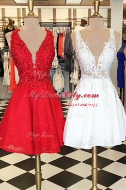 Fitting Red Evening Dress Prom and Party and For with Lace V-neck Sleeveless Zipper