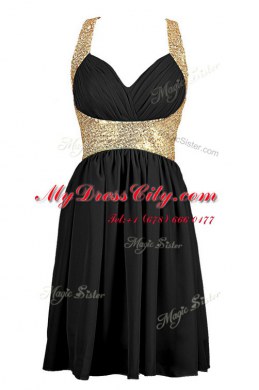 Black Chiffon Criss Cross Prom Gown Sleeveless Knee Length Sequins