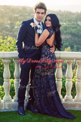 New Style Mermaid Sleeveless Lace Brush Train Backless Prom Gown in Navy Blue with Lace