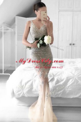 Sophisticated Sweep Train Mermaid Dress for Prom Champagne V-neck Tulle Sleeveless Zipper