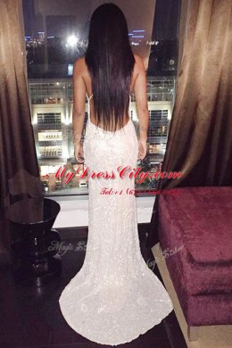 Fitting Mermaid White Sleeveless Sequins Criss Cross Prom Evening Gown