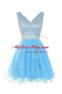 Fantastic Baby Blue A-line V-neck Sleeveless Tulle Knee Length Zipper Beading Dress for Prom