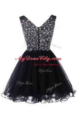 Fantastic Baby Blue A-line V-neck Sleeveless Tulle Knee Length Zipper Beading Dress for Prom