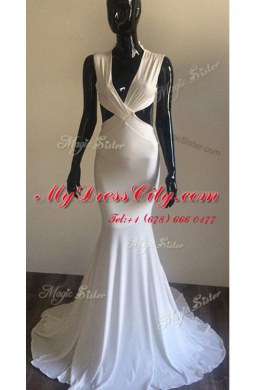 Modest Mermaid V-neck Sleeveless Brush Train Backless Evening Dress White Elastic Woven Satin