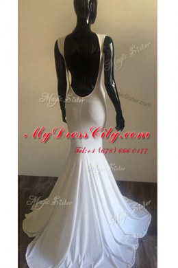 Modest Mermaid V-neck Sleeveless Brush Train Backless Evening Dress White Elastic Woven Satin