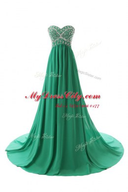 Delicate Green Column/Sheath Chiffon Sweetheart Sleeveless Beading With Train Zipper Prom Party Dress Court Train