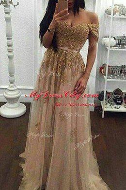 Off the Shoulder Short Sleeves Sweep Train Beading and Appliques Zipper Prom Evening Gown