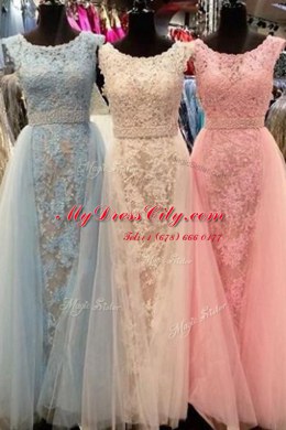 Pretty Scoop Sleeveless Tulle Beading and Lace Sweep Train Zipper