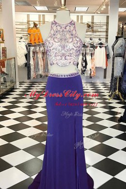 Scoop Sleeveless Elastic Woven Satin With Train Sweep Train Backless Prom Dress in Blue with Beading