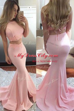 Luxury Mermaid Pink Scoop Neckline Lace Prom Dresses Sleeveless Backless