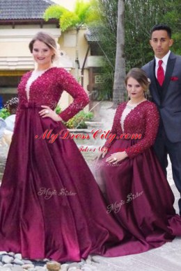 Edgy Scoop Burgundy Long Sleeves Sweep Train Beading With Train Prom Dresses