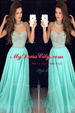Fancy Aqua Blue Prom Dress Organza Sweep Train Sleeveless Beading