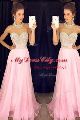 Fancy Aqua Blue Prom Dress Organza Sweep Train Sleeveless Beading