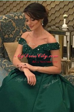 Off the Shoulder Dark Green Short Sleeves Floor Length Beading Zipper Prom Dress