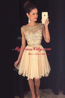 Colorful Champagne A-line Tulle Bateau Cap Sleeves Beading Mini Length Zipper Evening Dress