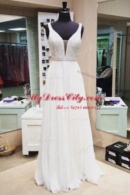 White Sleeveless Floor Length Beading Zipper